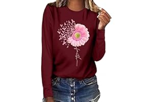 KVTURE Tops for Women Breast Cancer Awareness Shirt Pink Ribbed Clothes Casual Long Sleeve Shirt Classic O-Neck T Shirt 2024