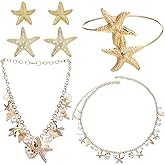 Chicingyou 6 Pcs Mermaid Jewelry Costume Accessories Starfish Hair Clips Earrings Armband Shell Starfish Necklace Pearl Waist Chain Belt for Women Halloween