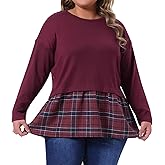 Agnes Orinda Women's Plus Size Long Sleeve t Shirt Tops Crew Neck Patchwork Blouse Basic Tee Top Casual Dressy Fall