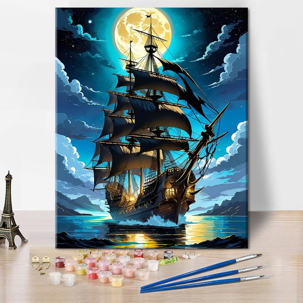 TISHIRON Sailboat Paint by Numbers for Adults, Acrylic Paint by Number Kits on Canvas Pirate Ship Art, Ocean and Moon DIY Painting by Numbers for Gift Home Wall Decor 16"x20"(Frameless)