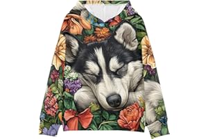 YMGQYJ Husky Floral Print Kids Hoodie Sweatshirt with Front Pocket for Casual Sports X-Small
