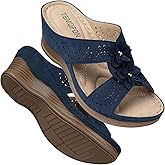 TEMOFON Womens Wedge Sandals Leather: Dressy Sandal, Rubber Sole, Comfortable Walking, Casual Slip on Summer Shoes, Size 5-11