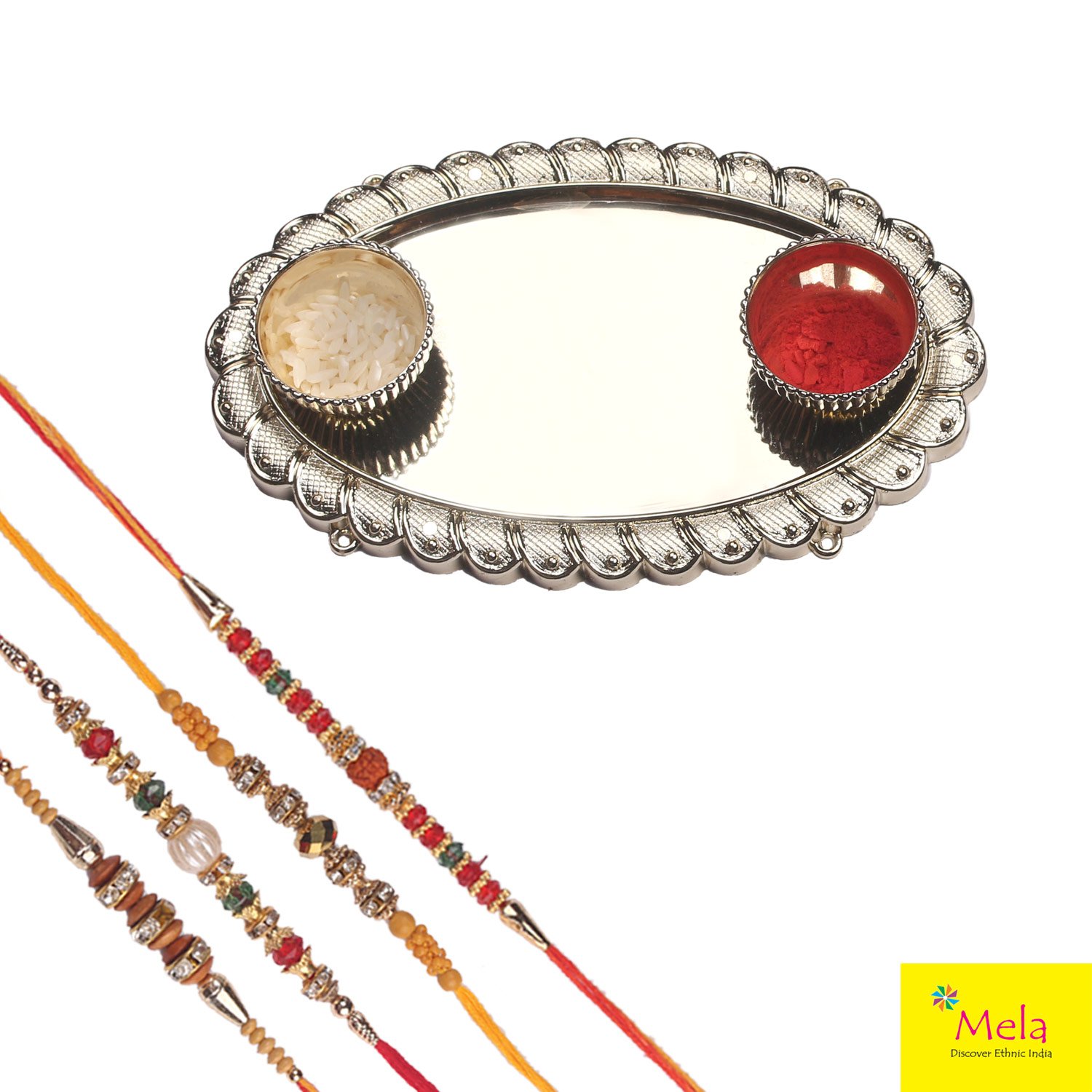rakshabandhan rakhi for brother - set of 4 rakhi with small pooja plate - by mela