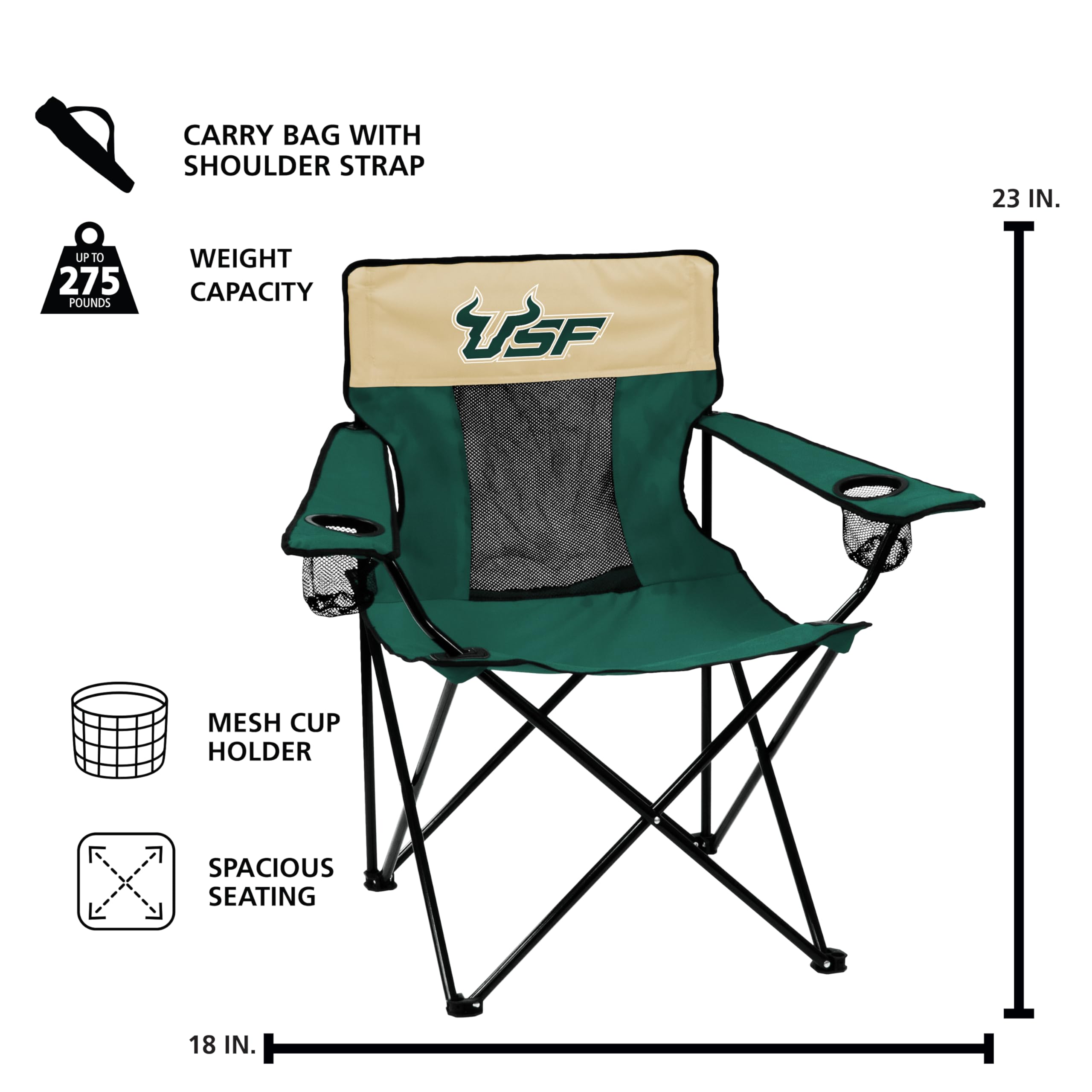 Logo Brands NCAA South Florida Bulls Elite Portable Chair - Premium Outdoor Chair with Cup Holder, Powder-Coated Steel Frame, Lightweight and Portable for Tailgating,and Sporting Events