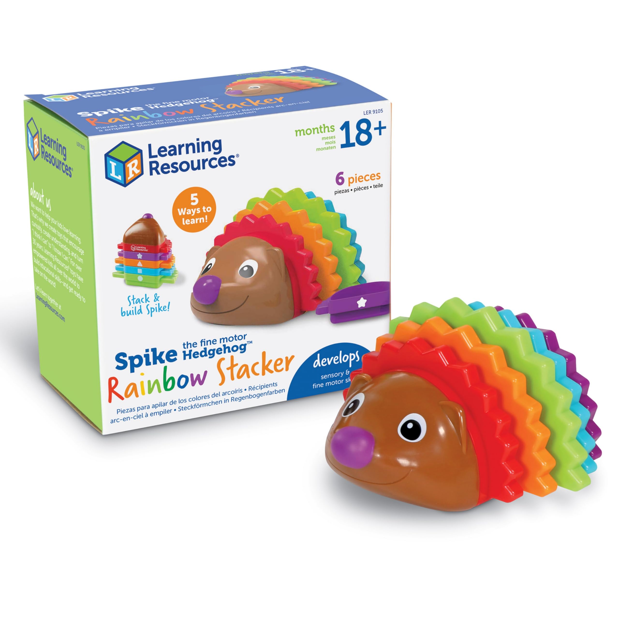 Learning Resources Spike the Fine Motor Hedgehog Rainbow Stackers - 6 Pieces, Ages 18+ months Stacking & Counting Toy for Toddlers, Montessori Toys