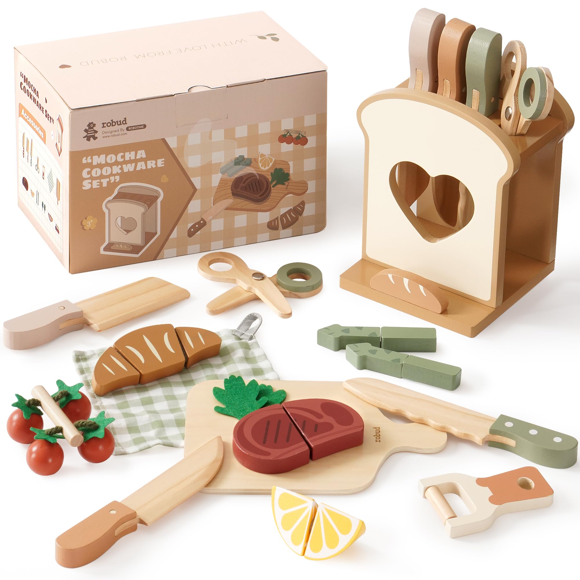 ROBUD Kids Toy Kitchen Knife Set - Wooden Pretend Cooking Cuttable Play Food Sets for Kids Kitchen Accessories with Toast-Shaped Knife Holder, Role Play Toys Gifts for Age 3+