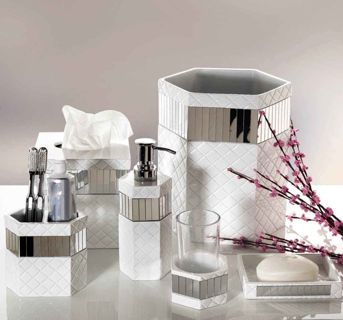 Creative Scents Quilted Mirror Bathroom Accessories Set, 6 Piece Bath Set Collection Features Soap Dispenser, Toothbrush Holder, Tumbler, Soap Dish, Tissue Cover, Wastebasket (White): Home & Kitchen