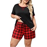 XAKALAKA Women Plus Size Pajama Set 2 Piece Casual Short Sleeve Top and Shorts Sleepwear Soft Pjs Lounge Set with Pockets