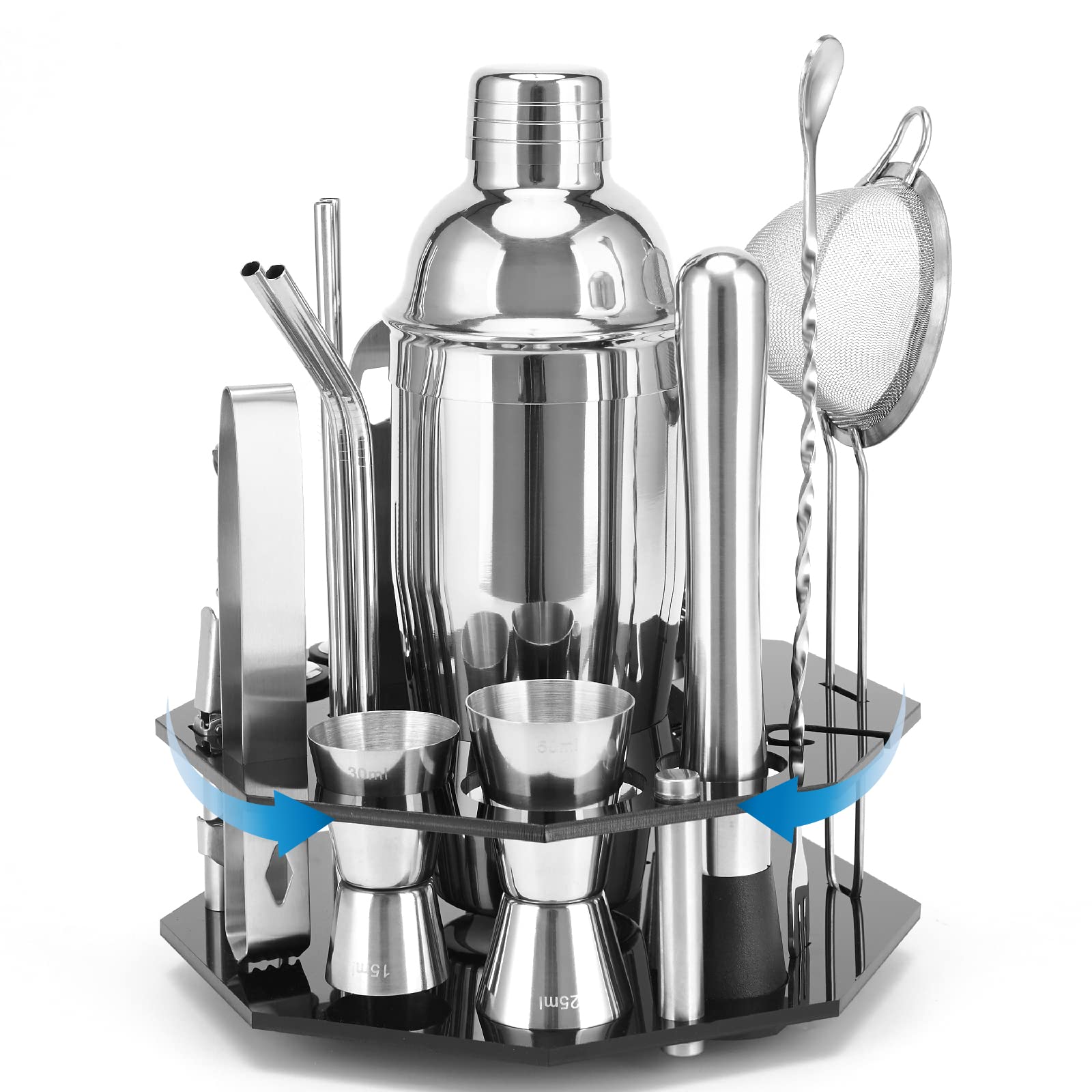 Gienxias Cocktail Shaker Set with Rotating Stand, Durable Stainless Steel - 21PCE Bartender Drinks Mixer Kit - Strainer, Pourer, Muddler, Jigger, Recipes Bar Accessories - Stylish Gift Box (Silver)