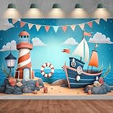 Blue Nautical 1st Birthday Backdrop Summer Nautical Holiday Photography Backdrop Summer Sailing Beach Birthday Party Decoration Rudder Ship Adventure Lighthouse Background (7X5FT)