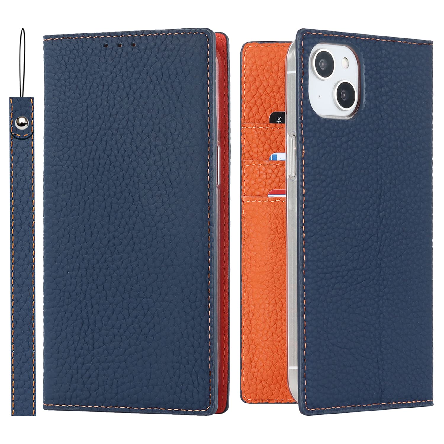 Cavor Phone Case Compatible for iPhone 14,Genuine Leather Flip Wallet Case,[3 Card Holders][Magnetic Closure][RFID-Blocking][Lanyard],Protective Case Cover for iPhone 14 - Dark Blue — image 1