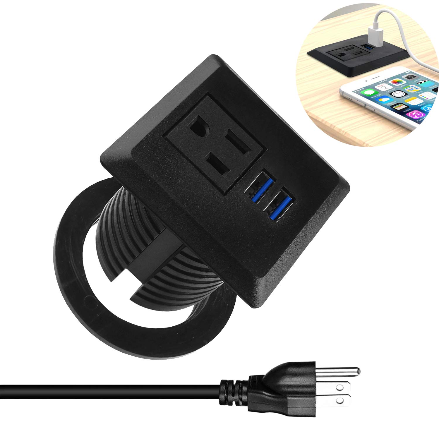 Desk Power Grommet Outlets, Fits 2" Grommet Hole, Connect 1 Plug 2 USB
