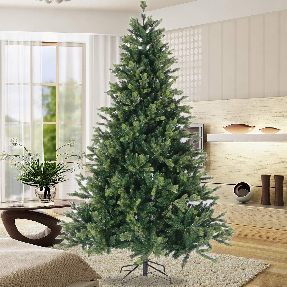 Amazon Com Moomo 7 5ft Hinged Douglas Full Fir Artificial Christmas Tree Holiday Decoration W 2727 Branch Tips Easy Assembly Foldable Metal Stand Green Home Kitchen