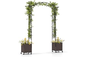 IRONMAX Garden Arch with Planters, 8.2FT Metal Arbor Trellis for Climbing Plants, Self-Watering Planter Boxes with Wheels, Ou