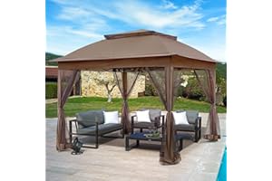 INTER HUT 11x11 Outdoor Pop up Gazebo Tent with Mesh Walls for Patio, Lawn, Backyard and Deck, Brown