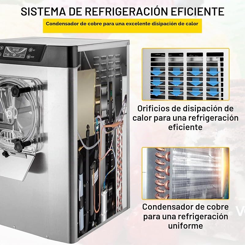 Máquina Helados Blandos YKF-618,16-20 L, Máquina de Helado de Servido Suave Acero Inoxidable 304, Heladeras Hacer Helado Cremoso, PVC de Grado Alimenticio Panel LCD Inteligente, 40 x 50 x 70 cm