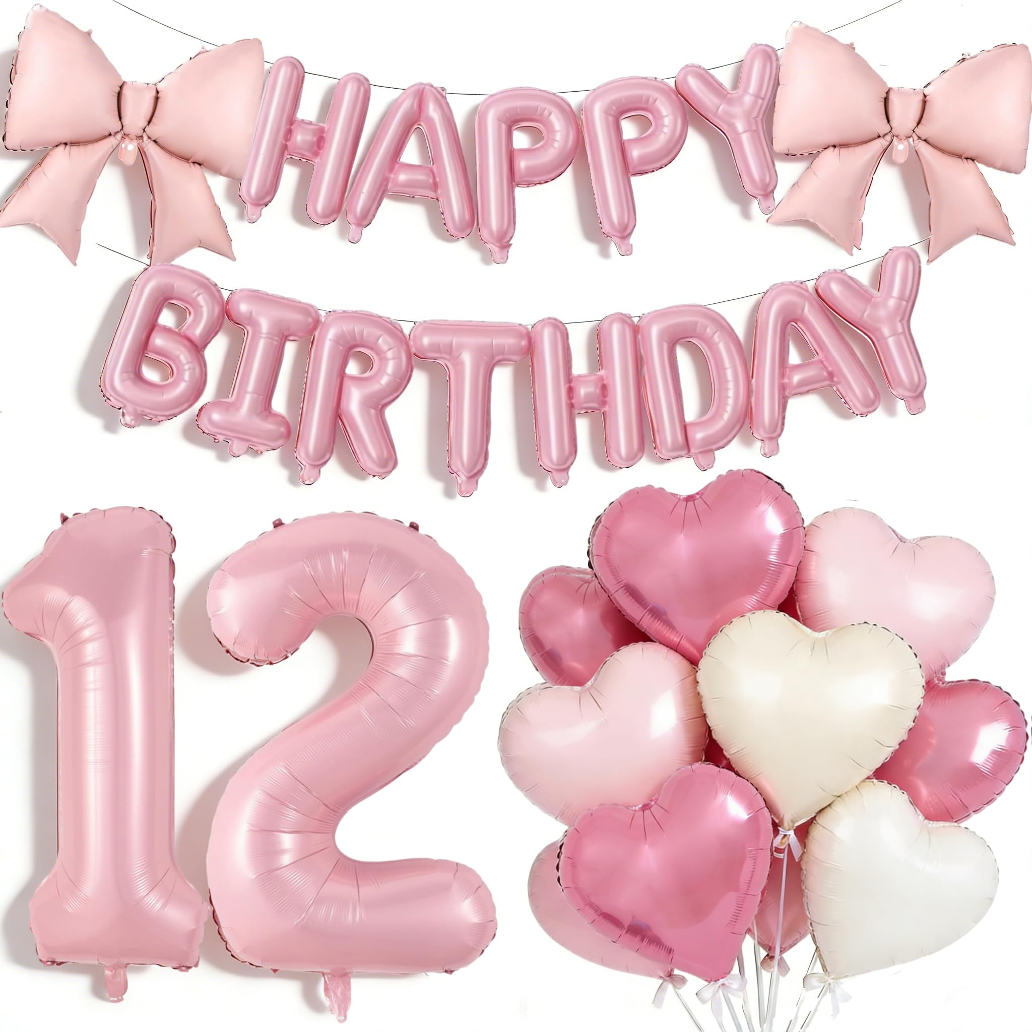 Pink Happy 12th Birthday Decorations, Large 12 Number Foil Balloon 21 Inch Pink Bow 16 Inch Happy Birthday Letter Balloons Banner with 18 Inch Heart Balloons for 12 Yeal Old Girls Party — image 1