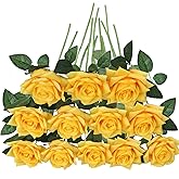GREENTIME 12 Pack Yellow Fake Roses Artificial Flowers with Stems Silk Flower Bouquet for Home Table Centerpiece Wedding Bridal Decor Baby Shower Engagement Party Decorations