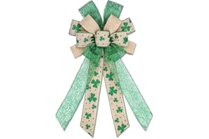 HYING Large St. Patrick's Day Bows for Wreath, Glitter Green Shamrock Bow Irish Wreath Bows Holiday Burlap Bows for Front Door Saint Patrick's Day Decorations Supplies