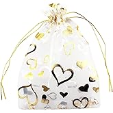 QIANHAILIZZ 5 x 7 Inch 100 pcs Heart Flower Organza Jewelry Gift Pouch Candy Pouch Drawstring Wedding Favor Bags P835 (white gold heart)