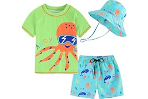 CHILDLIKE ME Toddlers Baby Boys' 3-Piece Swimsuit Trunk Rashguard Set and Sun Hat Swimwear Bathing Suit UPF 50+