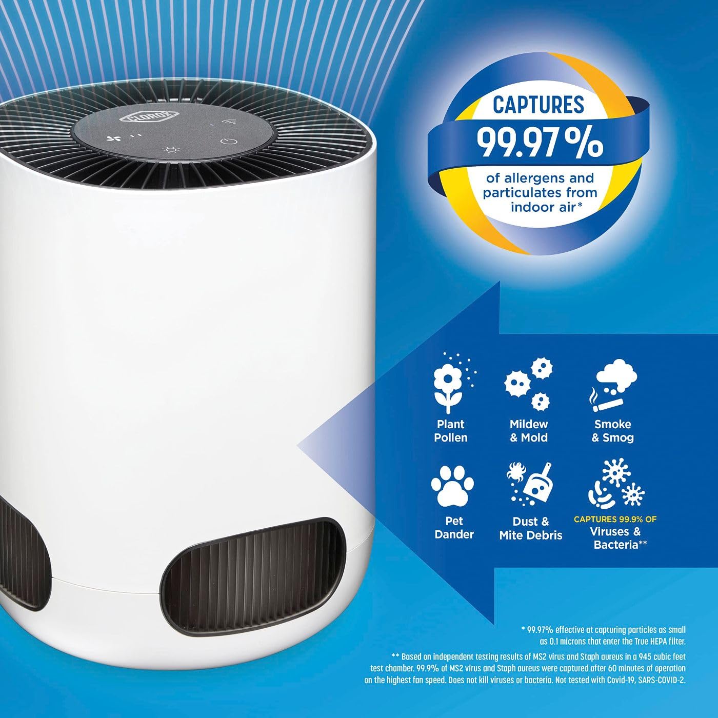 Clorox Smart Air Purifiers for Bedroom Home, True HEPA Filter, Works with Alexa, Small Rooms up to 200 Sq Ft, Removes 99.9% of Viruses, Wildfire Smoke, Mold, Allergies, Dust, AUTO Mode, Whisper Quiet