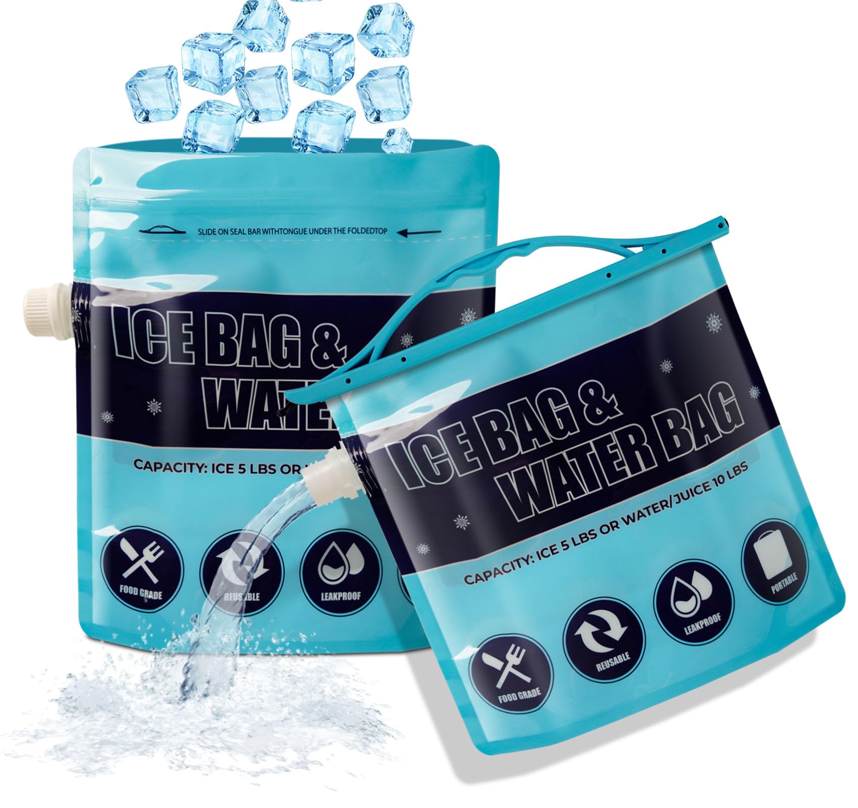 Photo 1 of Ice Bags, Reusable Ice Cube Bags for Freezer, Long Lasting Instant Cooler Ice Packs with 1 Sealed Sliding Handle, 2 Pack 2.5lb Leakproof Water Bag for Camping Hiking Fishing & Drinks