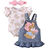 CETEPY Baby Girl Clothes Suspender Skirt Newborn Ruffle Romper Cute Bear Jeans Dress Bow Headband Summer Outfits 0-18 Months