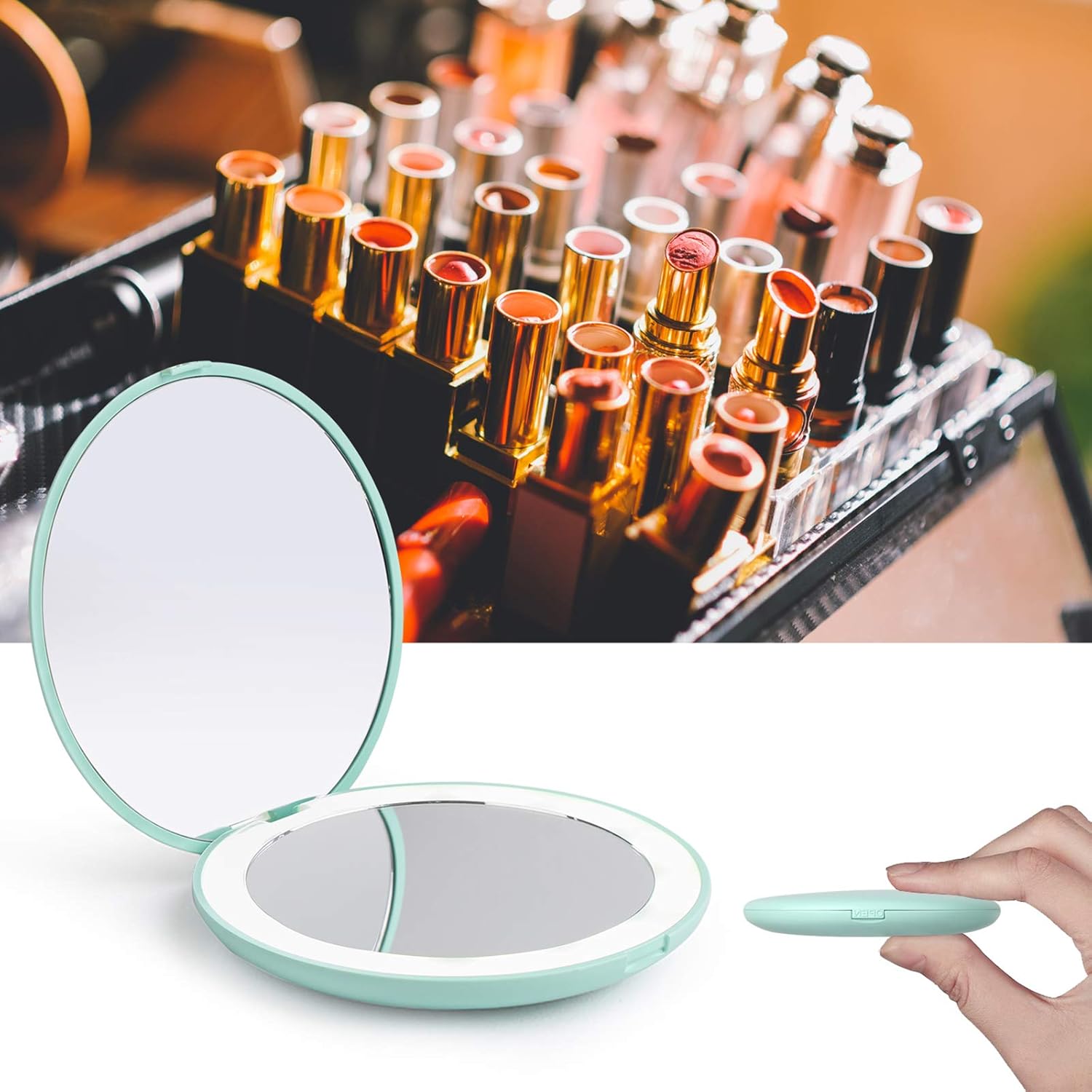 wobsion LED Lighted Travel Makeup Mirror, 1x/10x Magnification Compact Mirror, Portable for Handbag, Purse, Pocket, 3.5 inch Illuminated Folding Mirror, Handheld 2-Sided Mirror, Round, Cyan : Beauty