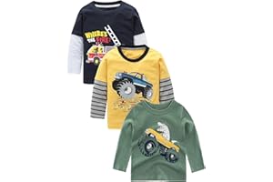 Boys Long Sleeve T-Shirts Graphic Active Crewneck Tee Shirts Casual Cotton Shirts for Toddler Boys 3 Pack