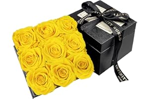 AUBIU Forever Preserved Roses in a Box,Real Yellow Roses That Last Forever,Preserved Eternal Flowers for Delivery Prime Birthday,Mothers Day Long Lasting Roses Square Box,Valentines Day Gifts for Her(9pc)