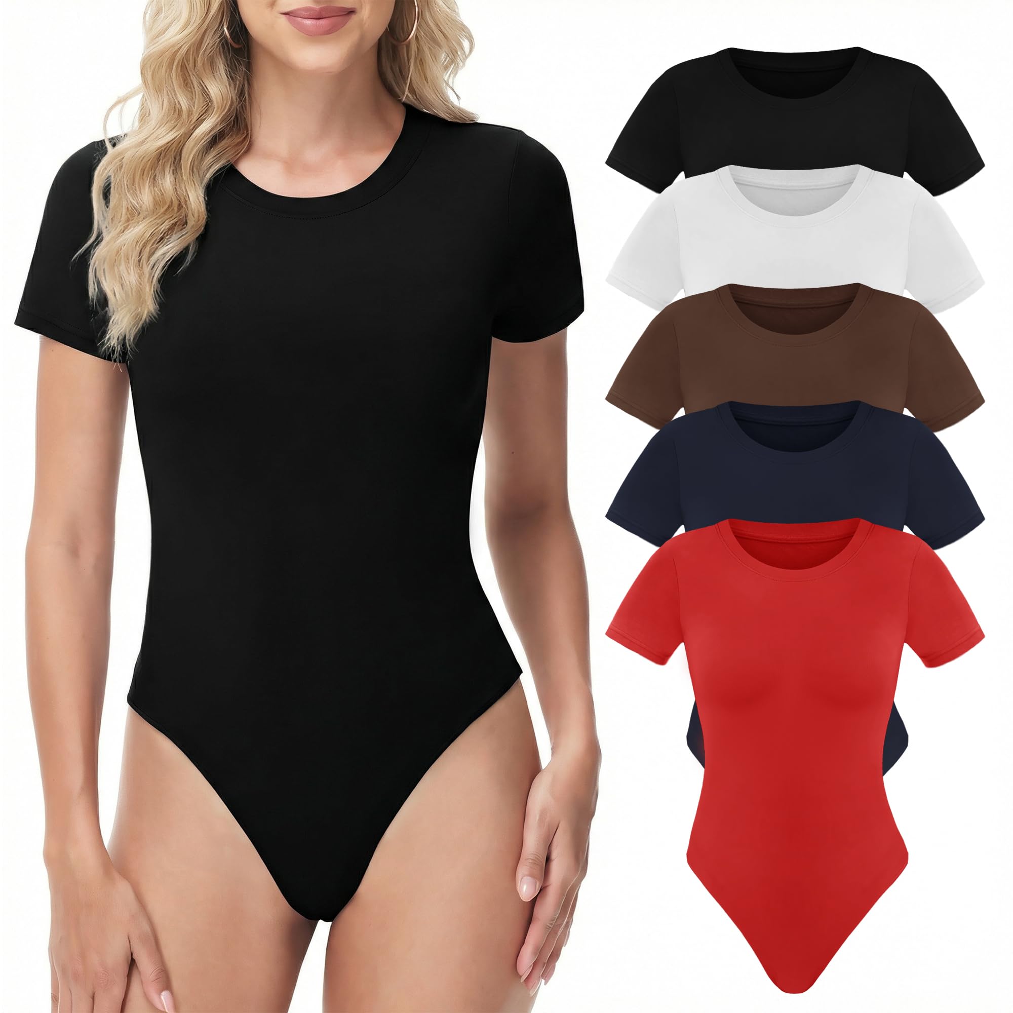 TNNZEET 5 Pack Body Suits for Womens - Short Sleeve Round Neck T Shirts Tummy Control Compression Tops Casual Outfits 2026 Image