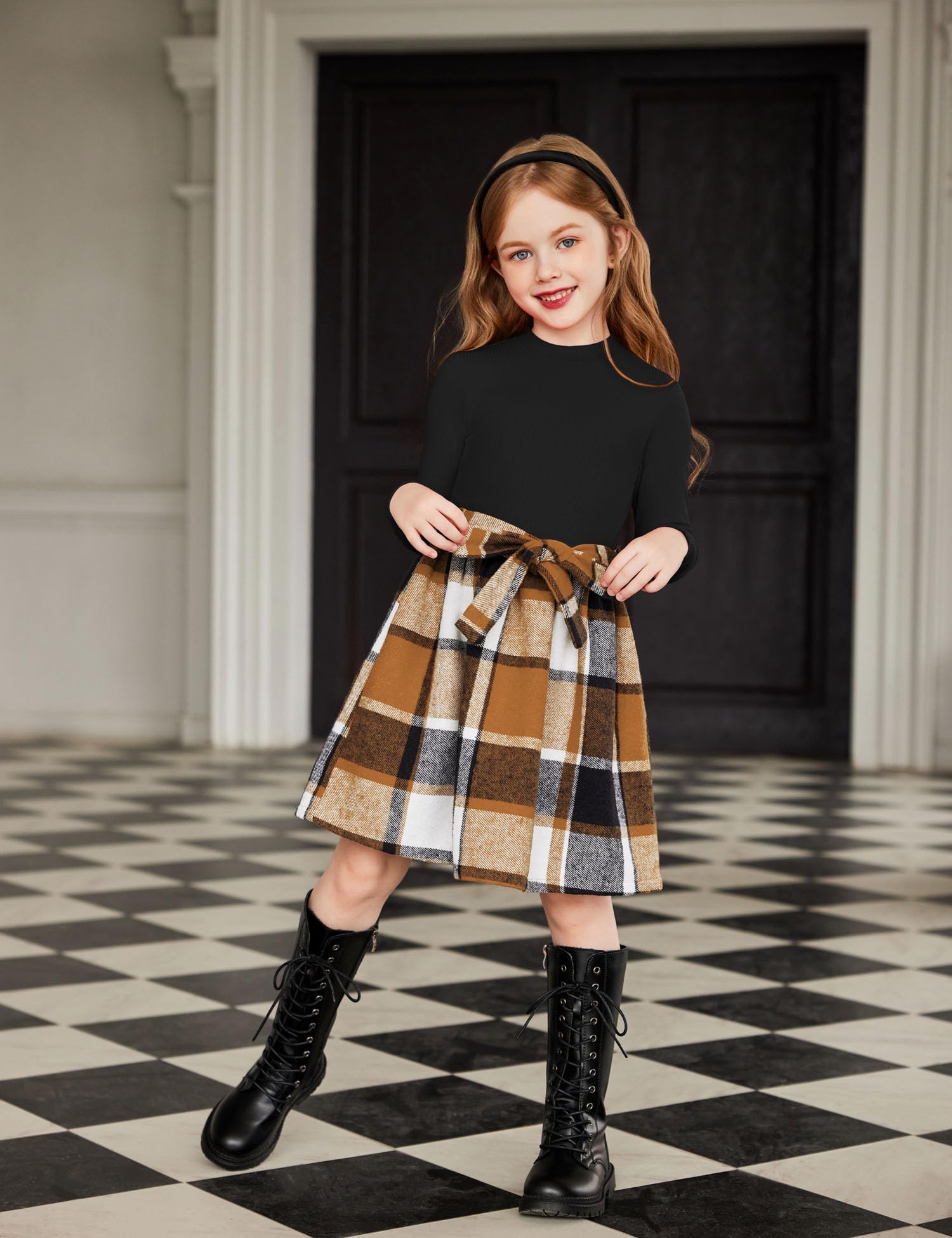 Arshiner Girls Dresses Long Sleeve Rib Knit Plaid Patchwork Belted Dress with Pockets