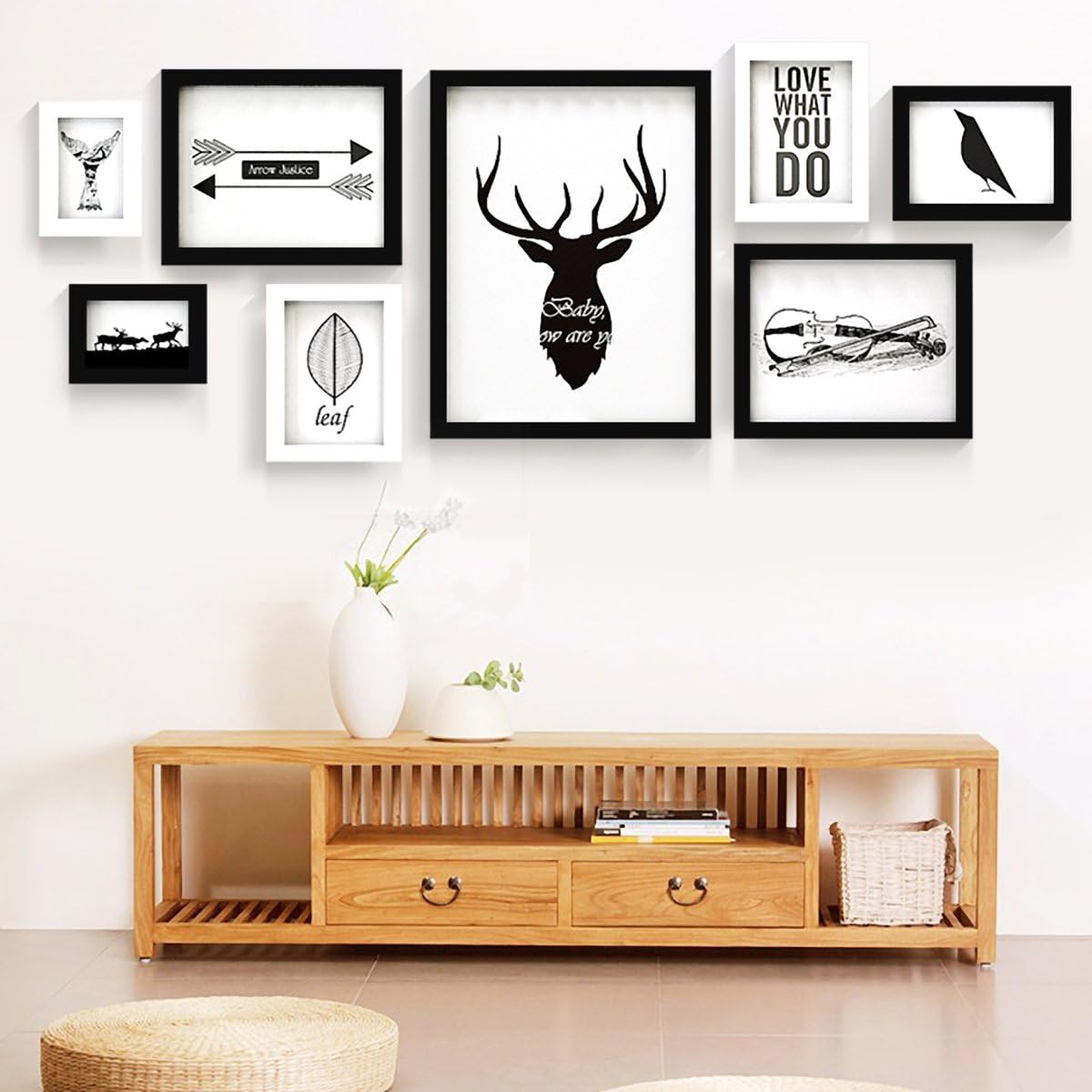 WollWoll Animal and Birds Black and White Art Large Photo Frame Set (124 cm x 1.6 cm x 50 cm),Multicolor