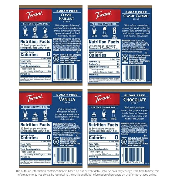 TORANI SUGAR FREE SYRUP, VARIETY PACK, 25.4 OUNCE (PACK OF 4)