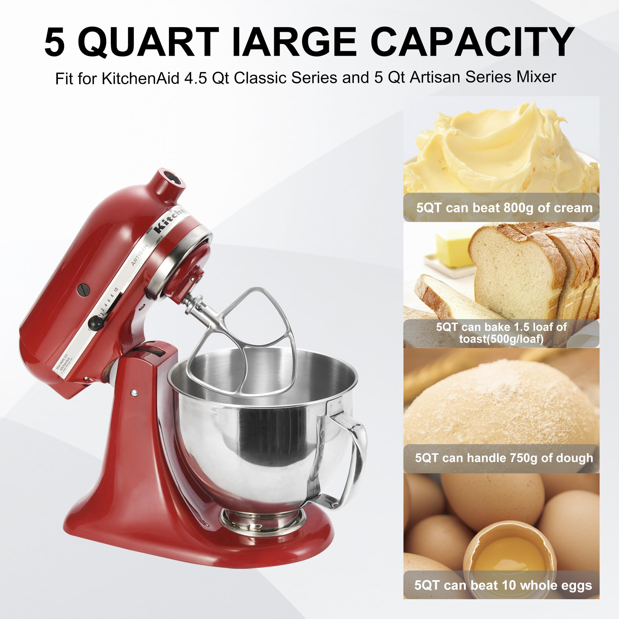 Stainless Steel Bowl for KitchenAid 4.5-5QT Tilt-Head Stand Mixer, 5 Quart Mixer Bowl for Kitchen Aid Classic&Artisan Series with Handle, Dishwasher Safe