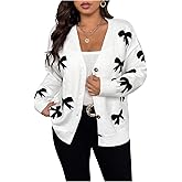 SOLY HUX Women's Plus Size Bow Print Cardigan Sweater Button Down V Neck Long Sleeve Knit Cardigans Outerwear