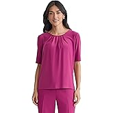 Kasper Womens Pleated Neck Short Sleeve Top
