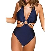 CUPSHE Women's One Piece Swimsuit Plunging Neck Halter Strappy Bathing Suit Cutouts Swimwear Shining