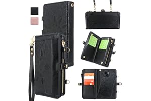 Harryshell Compatible with iPhone 14 / iPhone 13 6.1 inch 2022, [Block Theft Card Scanning],Detachable Magnetic Case Wallet Cash Zipper Pocket Crossbody Lanyard Strap (Floral Black)