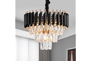 lighceac 15" 5-Light Modern Crystal Chandelier Light Fixtures 3-Tier Black Gold Luxury Chandeliers for Dining Room Round Hanging Pendant Lighting for Living Room Kitchen Entryway Bedroom Hallway