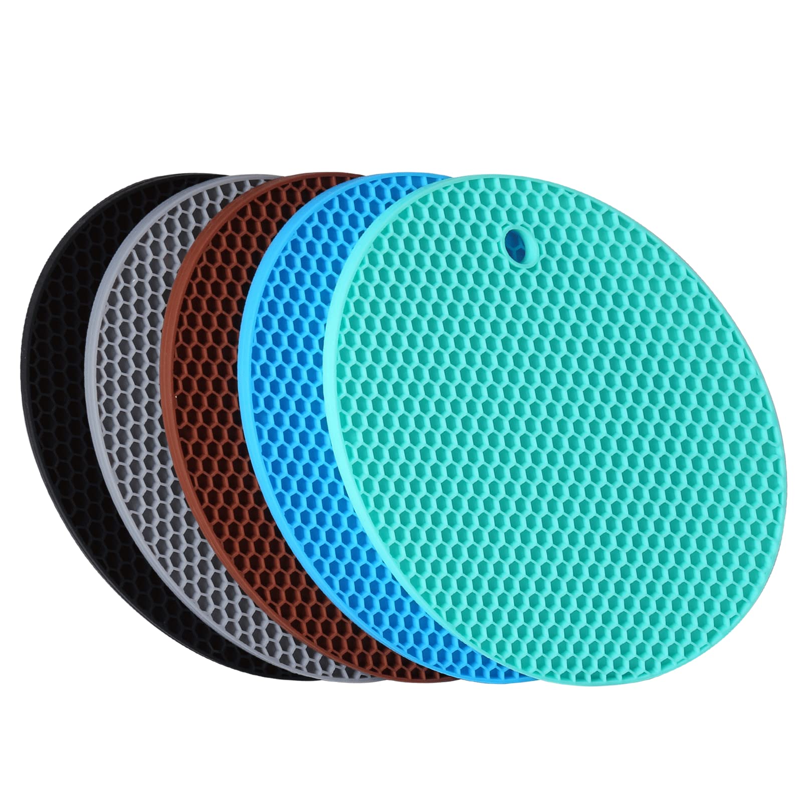 Extra Thick Silicone Potholder Trivet Mats 5 Pack,Heat Resistant Rubber Hot Pads for Dishes or Pans,Non Slip Jar Opener Flexible Round Honeycomb Coasters Multipurpose Kitchen Heatproof Mats
