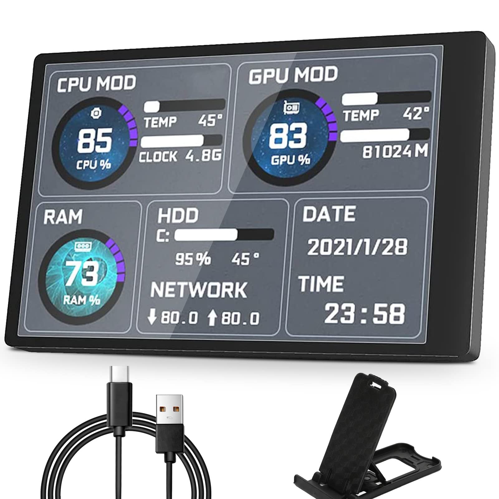 Goshyda PC CPU Data Monitor, 5in IPS USB Mini Screen Computer Sensor Panel Display Temperature Monitor for aida64 PC CPU RAM Data Monitor, Only Support for WINDOWS System