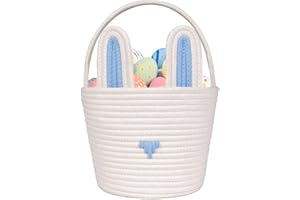 Poschnor Large Easter Basket with Gift Bags and Ribbons, Easter Bunny Basket for Kids, Woven Cotton Rope Basket for gifting, Blue/White