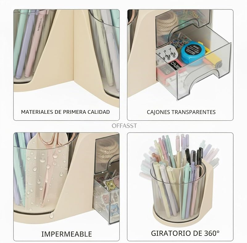 Organizador de Escritorio con Compartimentos y 2 Cajones, Portalápices Giratorio 360° para Oficina, Escuela, Hogar - Organizador Multiusos para Material de Escritura, Cosméticos (Crema)