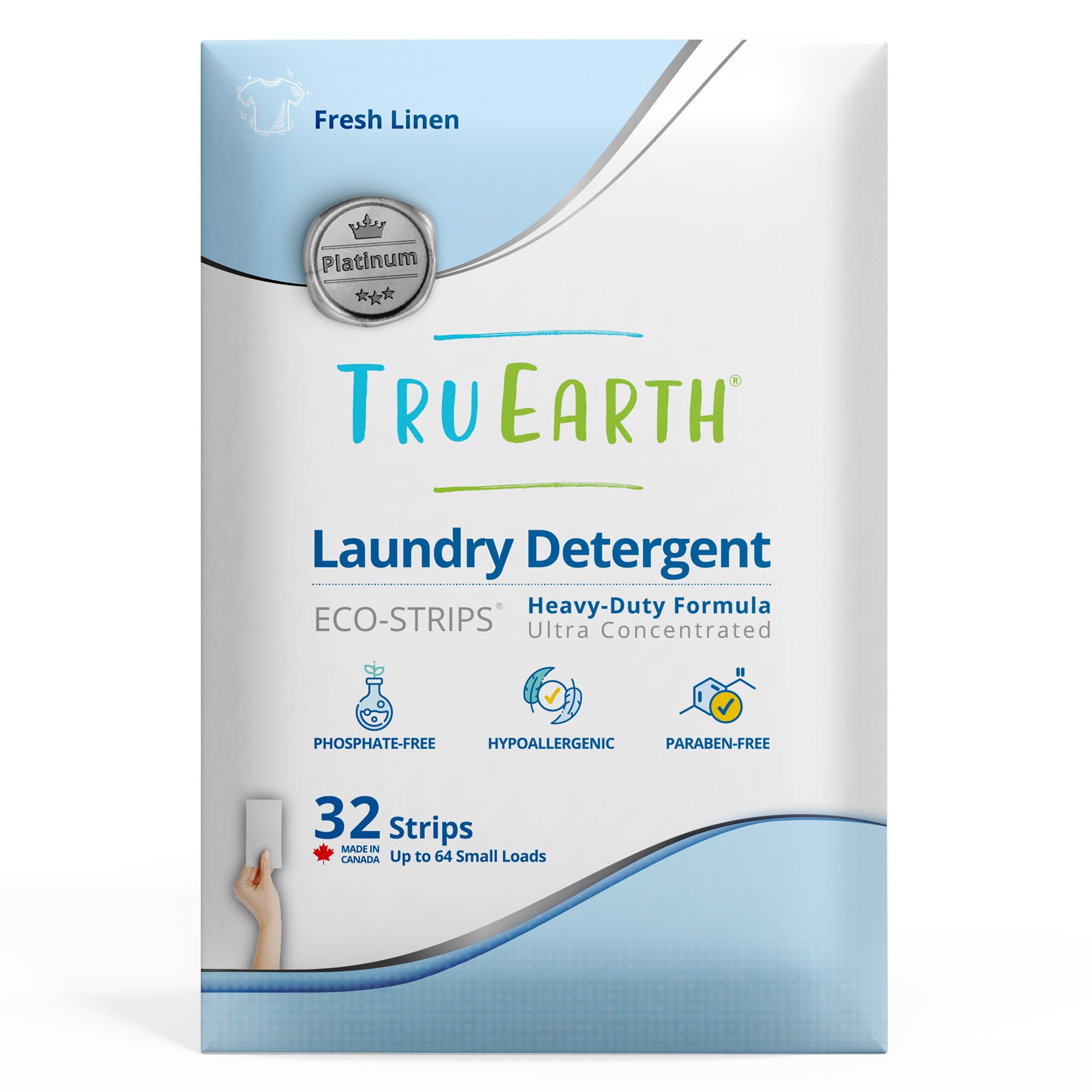 Tru Earth Platinum - Heavy Duty Laundry Detergent Sheets (Made in Canada) - Up to 64 Loads (32 Sheets), Fresh Linen Scent - Ultra-Concentrated Formula - Eco-Friendly, Hypoallergenic Laundry Sheets