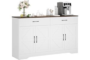 GRUSIGN 55" Sideboard Buffet Cabinet with Storage, Large Kitchen Storage Sideboard with Drawers & Doors, Modern Wood Farmhouse Coffee Bar Cabinet, Buffet Table for Kitchen, Dining Room, Living Room, White