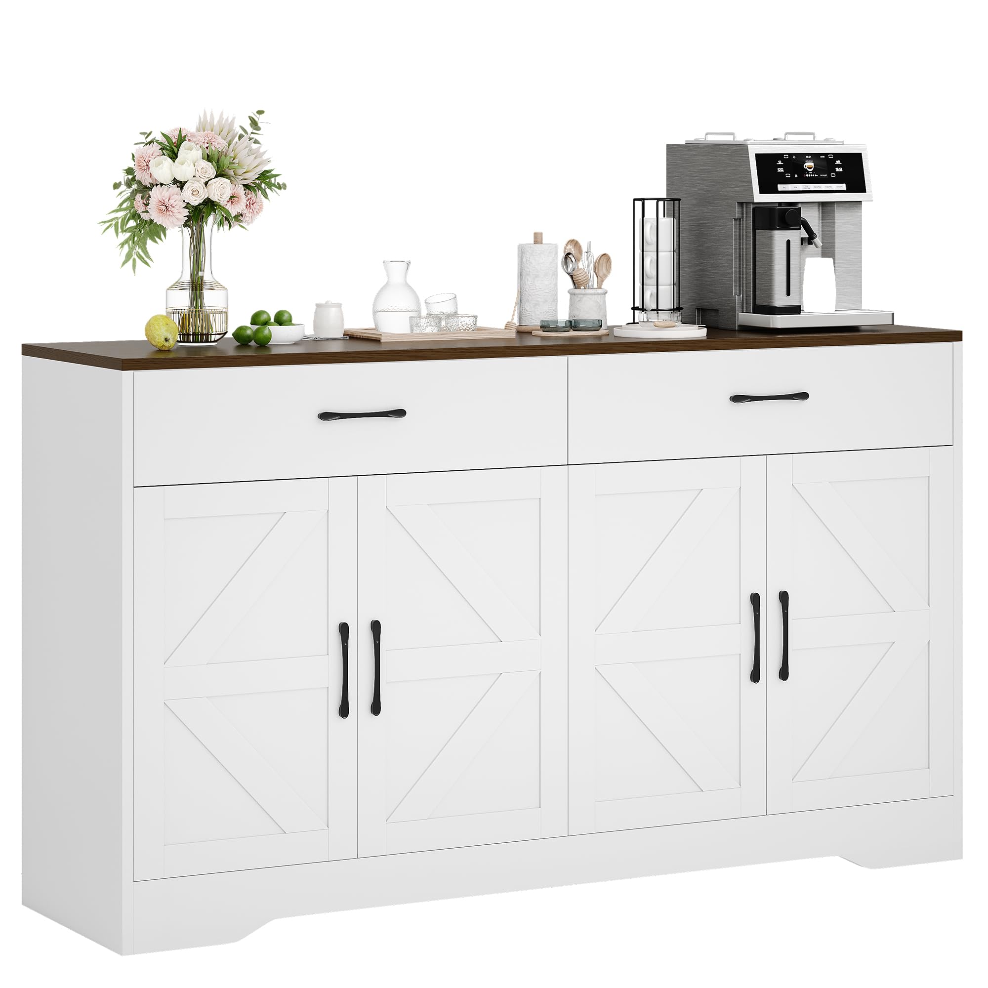 Photo 1 of (missing hardware) 55" Sideboard Buffet Cabinet with Storage, Large Kitchen Storage Sideboard with Drawers & Doors, Modern Wood Farmhouse Coffee Bar Cabinet, Buffet Table for Kitchen, Dining Room, Living Room, White