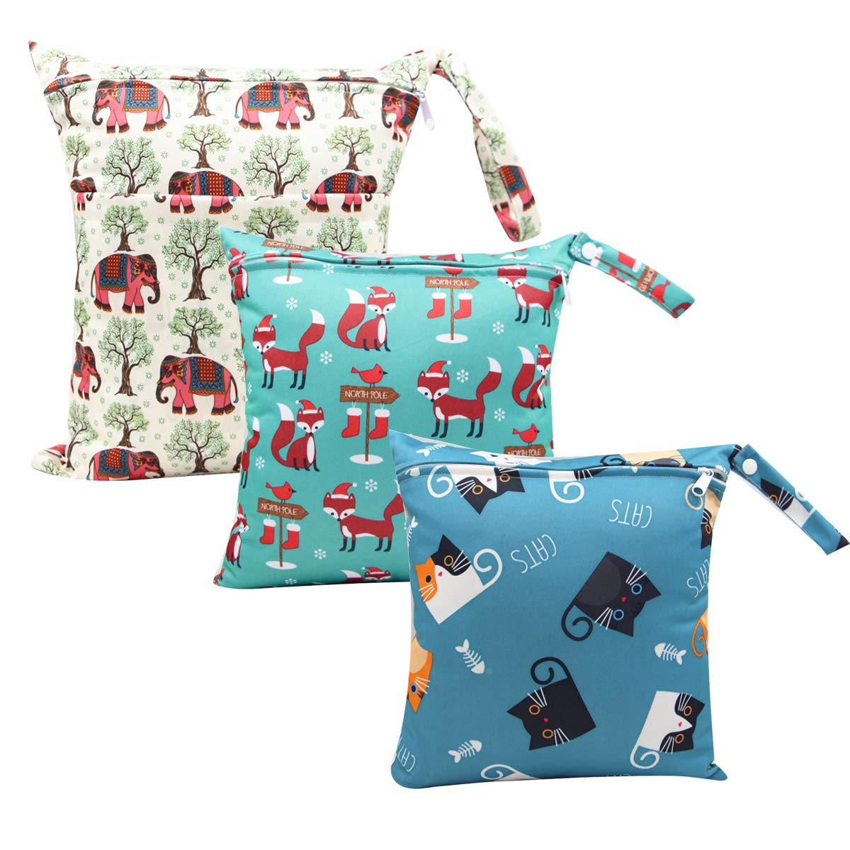 HOTLIKE Dry Bag - 3 Pcs Reusable Waterproof Nappy Diaper Travel Organizer with Handle and 2 Zipper Pockets - Blue