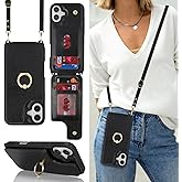 Lipvina for iPhone 16 Case with Card Holder and Strap for Women,Crossbody Lanyard,Ring Stand,Snap Clasp,Cute Phone Wallet Cases 6.1 inch(Black)